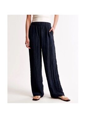 Abercrombie & Fitch Navy Wide-Leg Crinkle Trousers